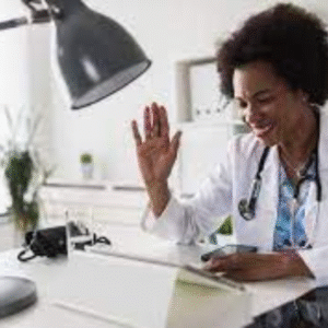 Doctor providing online urgent care consultation for child via video call