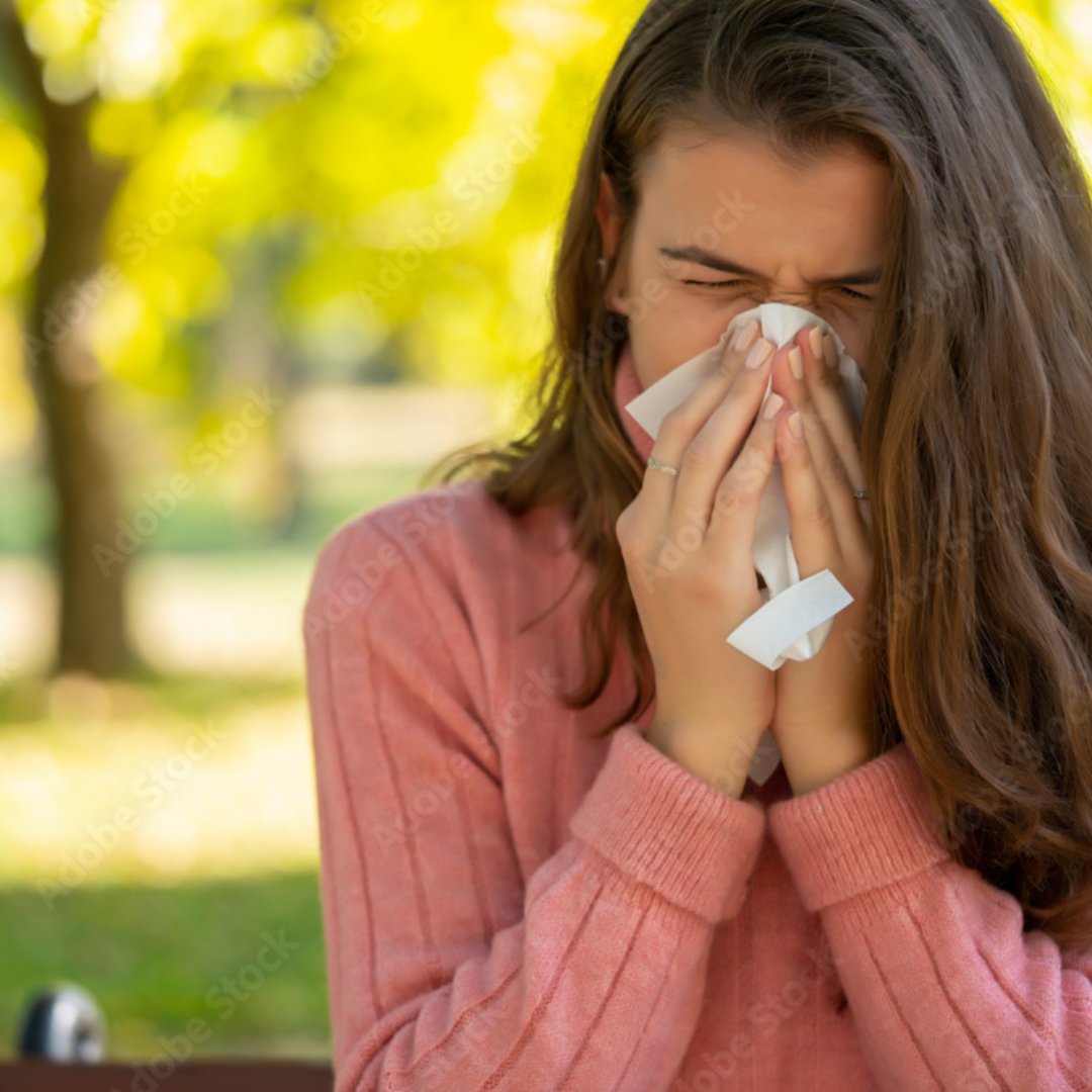 Seasonal allergies caused by pollen exposure outdoors.