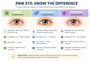 Types of pink eye: viral, bacterial, and allergic conjunctivitis.”