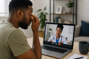Virtual urgent care visit for pink eye symptoms.