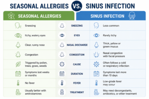 Comparison chart of seasonal allergies versus sinus infection symptoms.