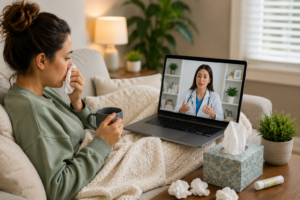 Virtual urgent care visit for sinus pressure or allergy symptoms.