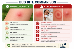 Normal bug bite symptoms compared to warning signs.