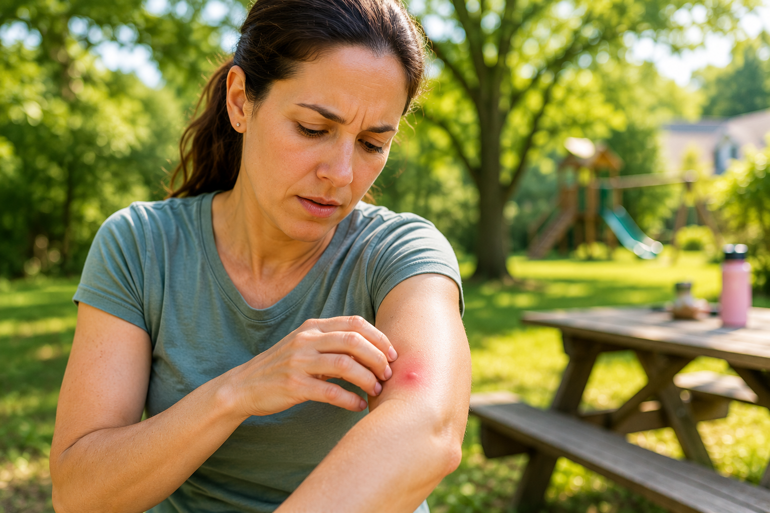 A woman examining a possible fungal rash on his arm outdoors.