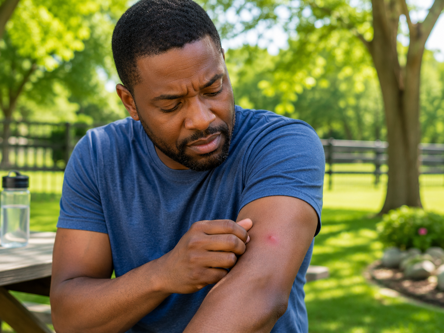 Person checking a bug bite outdoors during spring or summer.