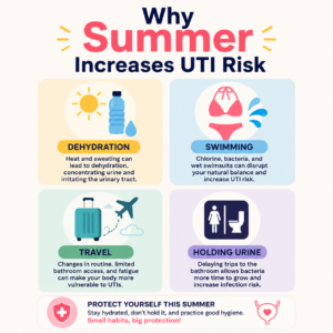 Infographic showing common summer factors that increase urinary tract infection risk