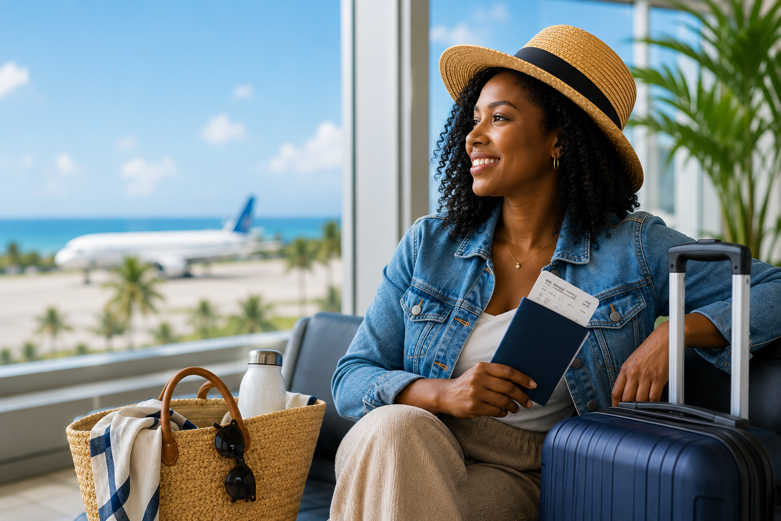 Black woman relaxing in an airport with her passport and luggage, preparing for a summer trip.