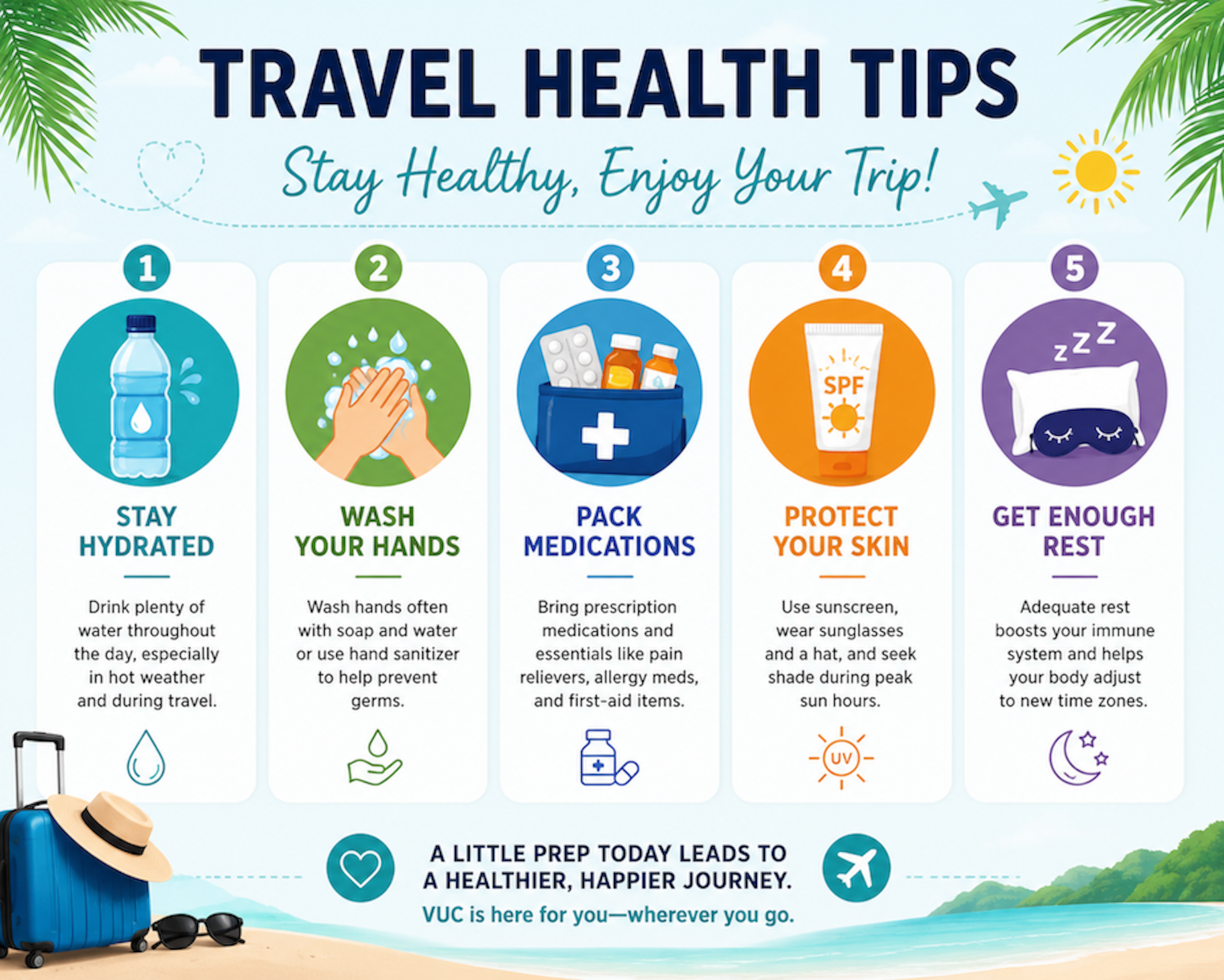 Summer travel health tips for staying healthy while on vacation.