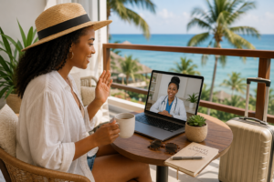 Traveler using virtual urgent care during a summer vacation.