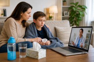 Parent and sick child having a virtual urgent care visit at home during back-to-school season.