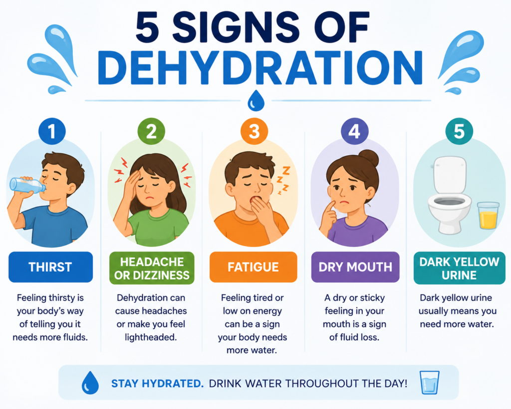 Five common signs of dehydration shown in a simple health infographic.