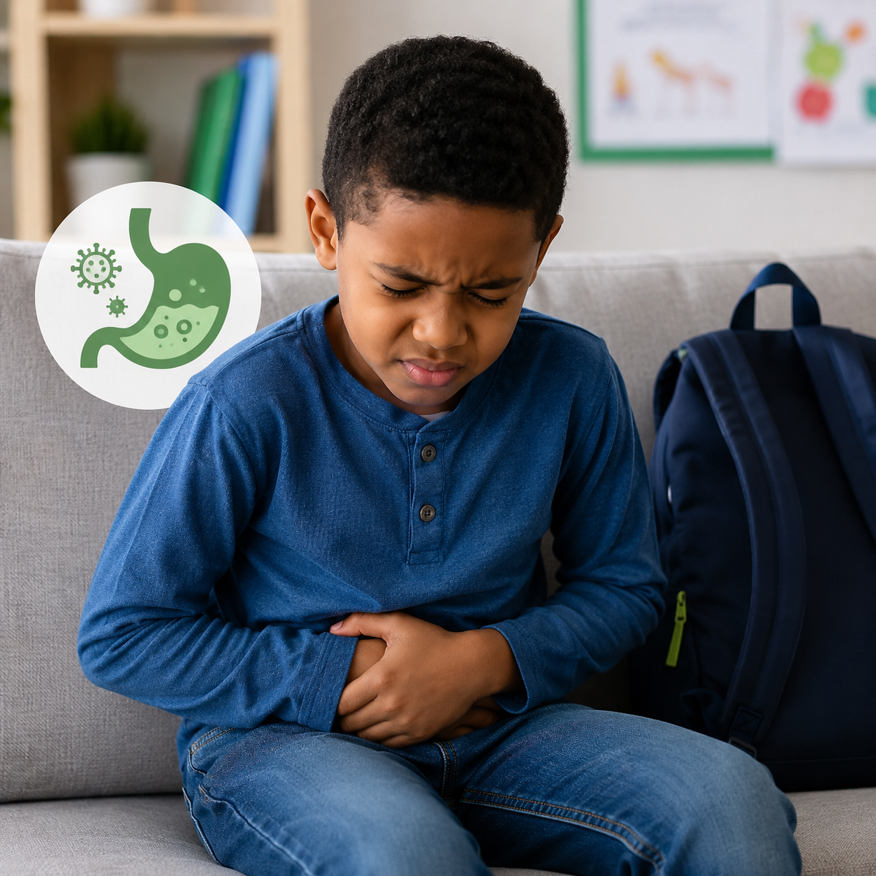 School-aged boy experiencing stomach discomfort during back-to-school season.