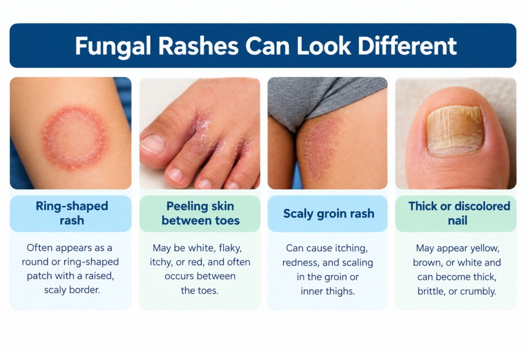 Simple visual showing common appearances of fungal skin infections.