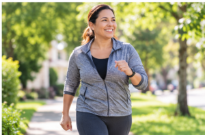 Woman walking outdoors as part of a regular exercise routine to support healthy blood pressure.