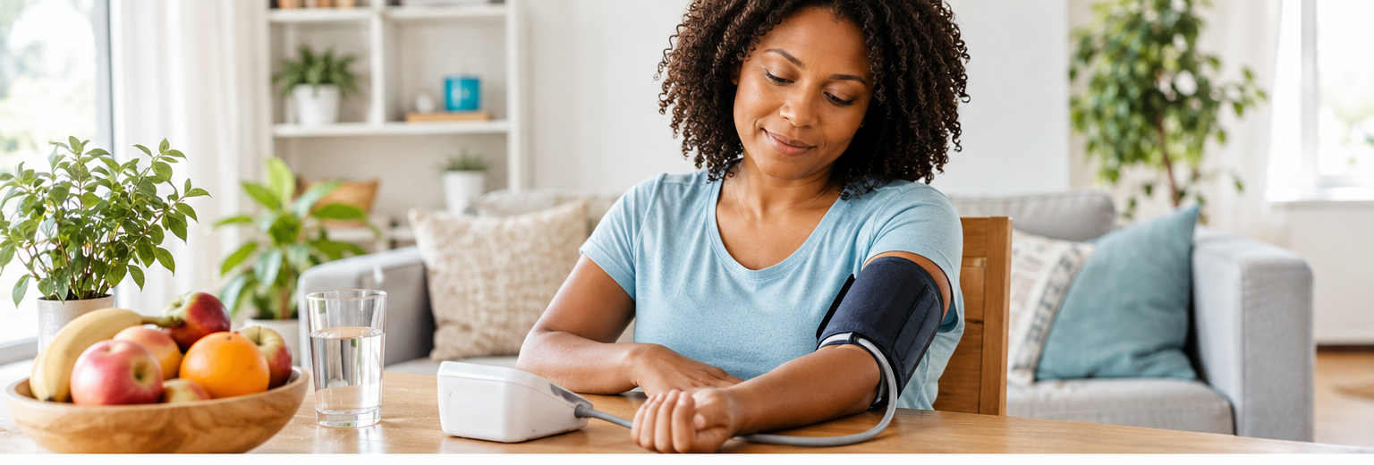 Woman checking her blood pressure at home with an automatic blood pressure monitor.