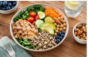 Heart-healthy meal with vegetables, fruit, whole grains, legumes, nuts, and lean protein.