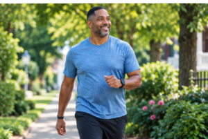 Man brisk walking outdoors as part of a regular physical activity routine to help lower his risk of type 2 diabetes.