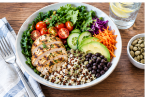 Balanced meal with vegetables, whole grains, beans, and lean protein to support healthy eating habits.